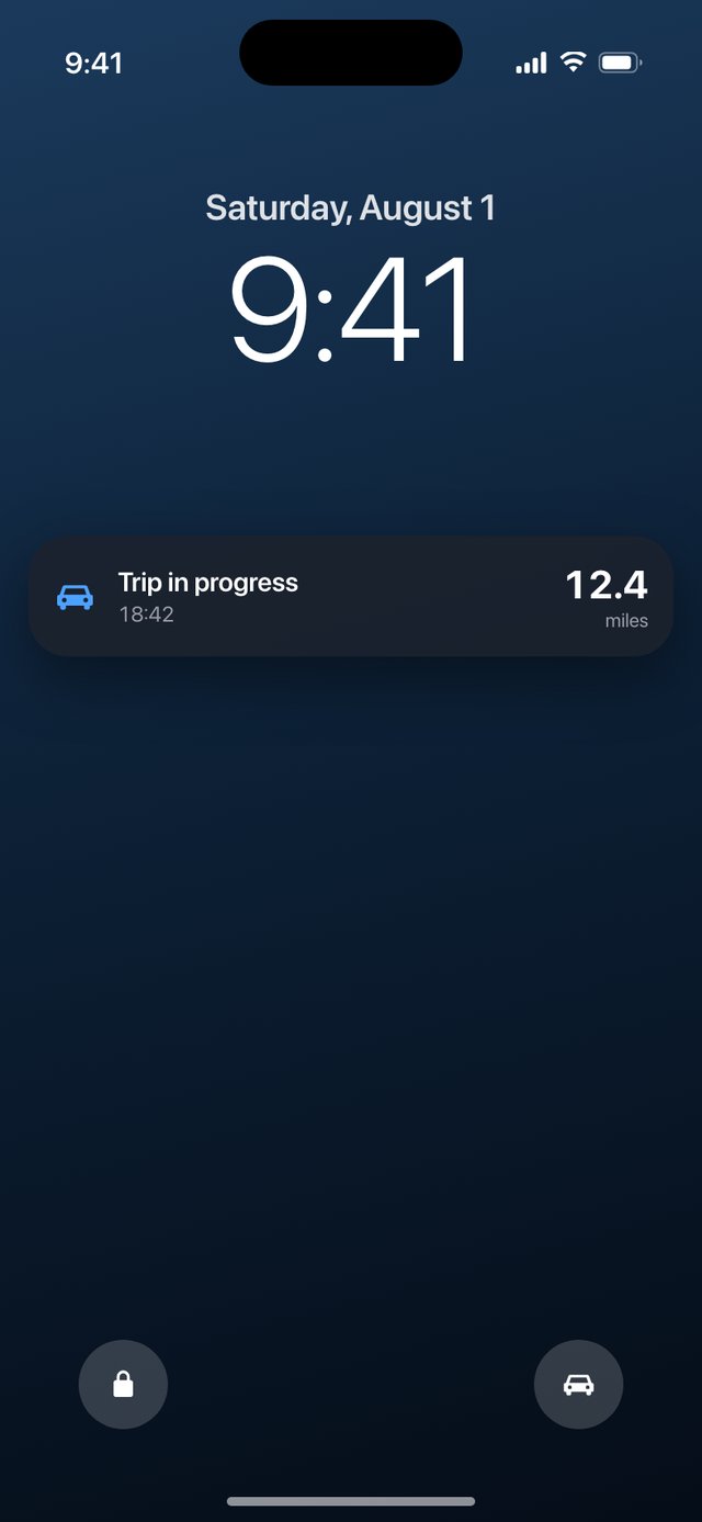 iPhone Lock Screen with a Smart Mileage Live Activity showing a trip in progress with live distance