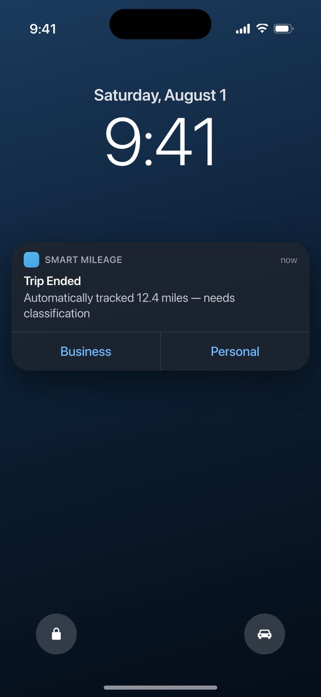 Lock Screen notification for a finished trip with Business and Personal buttons built in