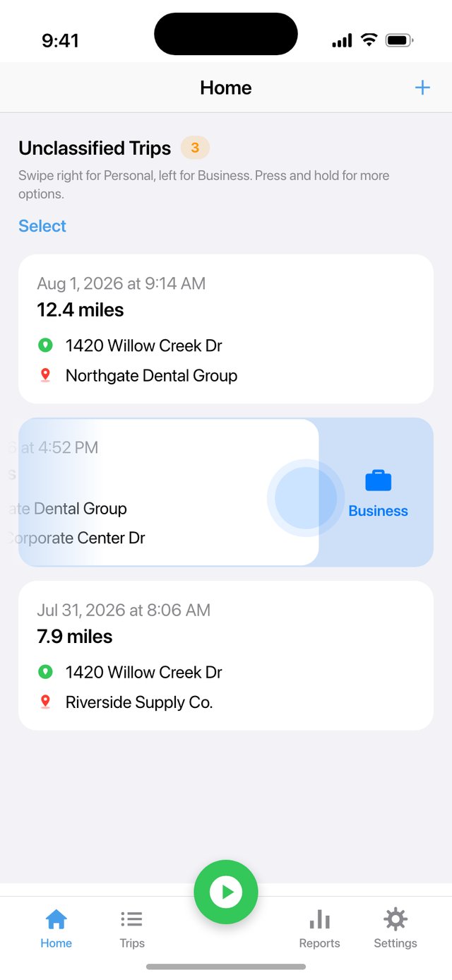 Trip list with a card mid-swipe toward Business classification