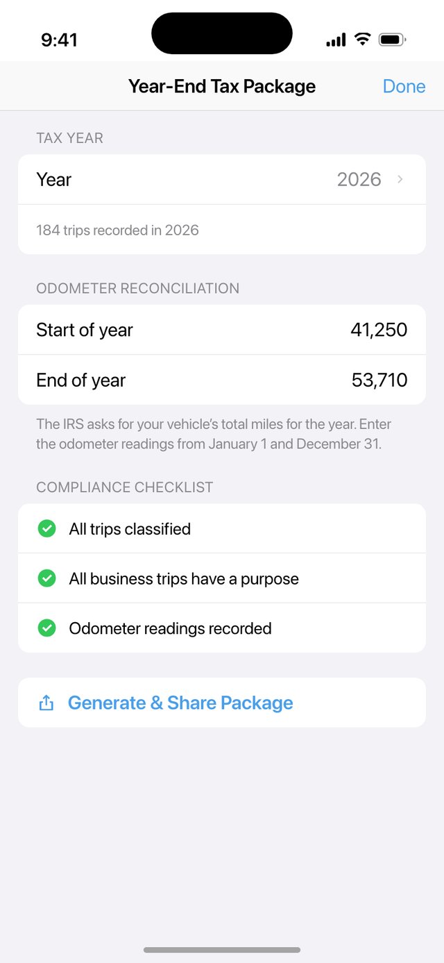 Year-End Tax Package screen with odometer reconciliation and a compliance checklist